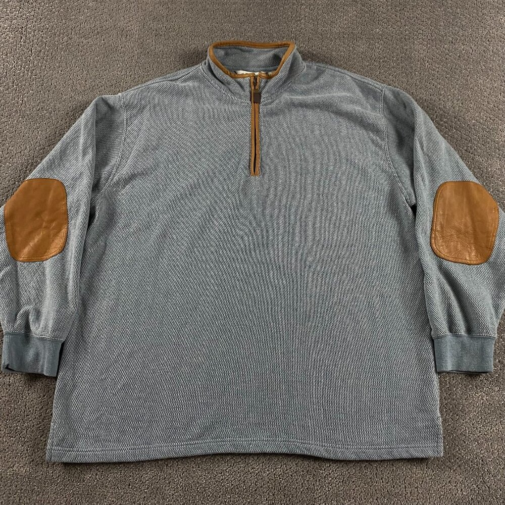 Orvis 1/4 Zip Pullover Sweater Sweatshirt Men's XXL Blue Leather Elbow Patches